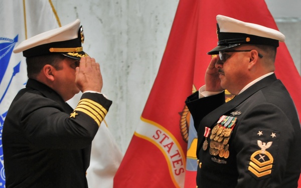 Navy’s Senior CTM Piped Ashore Following 30 Years of Faithful Service