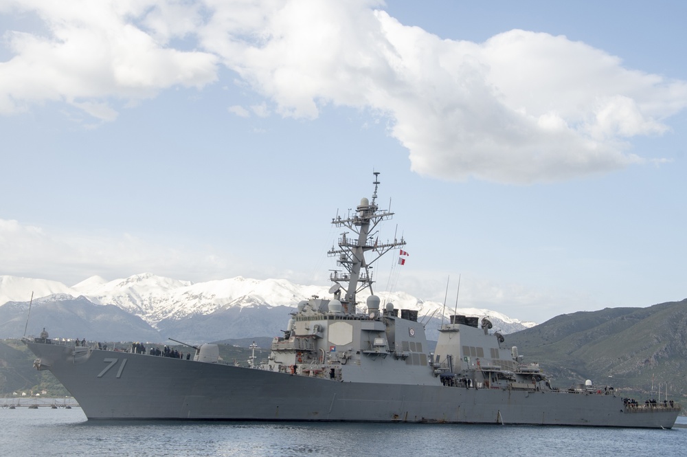 The Arleigh Burke-class guided-missile destroyer USS Ross (DDG 71) arrives at Souda Bay, Greece, for a scheduled port visit, April 12, 2019.