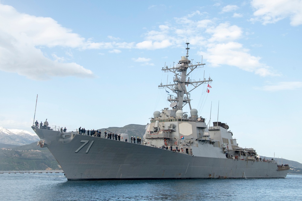 The Arleigh Burke-class guided-missile destroyer USS Ross (DDG 71) arrives at Souda Bay, Greece, for a scheduled port visit, April 12, 2019.