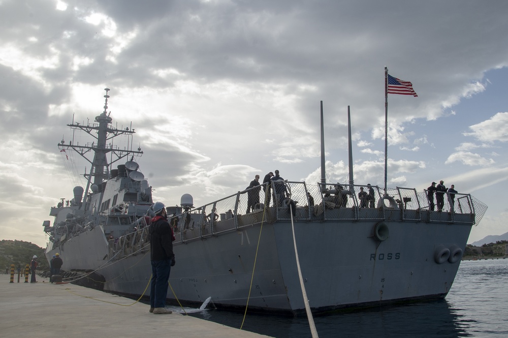 The Arleigh Burke-class guided-missile destroyer USS Ross (DDG 71) is at Souda Bay, Greece, for a scheduled port visit, April 12, 2019.