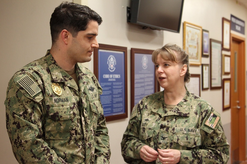 HM1 Kasey Norman, Leading Petty Officer of the Emergency Department, is meritoriously promoted by Commanding Officer, Captain Cynthia Judy