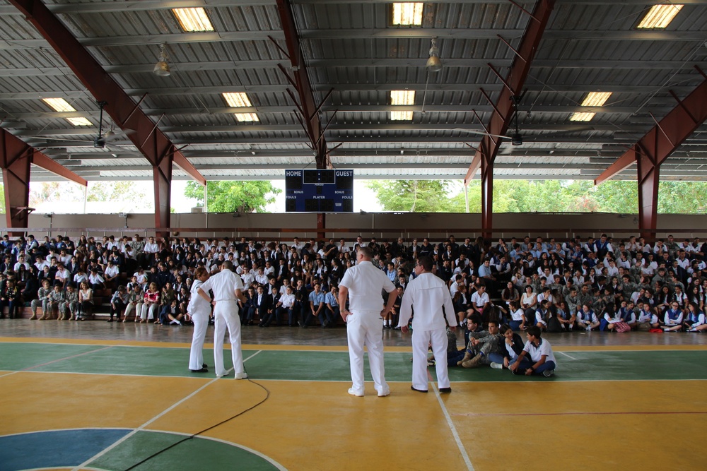 Sailors from the USS San Juan (SSN 571) answers questions from students at the American Military Academy in Bayamón as a part of Navy Week Puerto Rico.