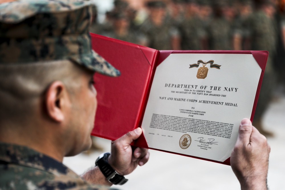 Lance Cpl. Caleb Eudy is awarded Navy and Marine Corps Achievement Medal