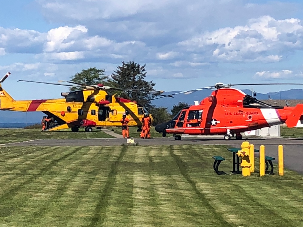 MH-65 Dolphin helicopter aircrew transfers patients to Royal Canadian aircrew