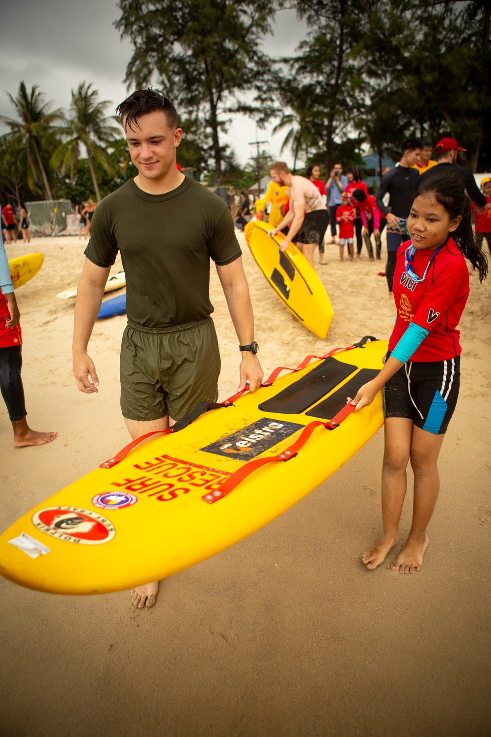 U.S. Marines participate in a swim survival COMREL event