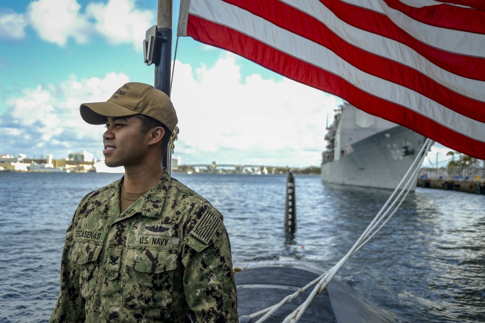 USS Albany (SSN 753) Sailor Stands Topside