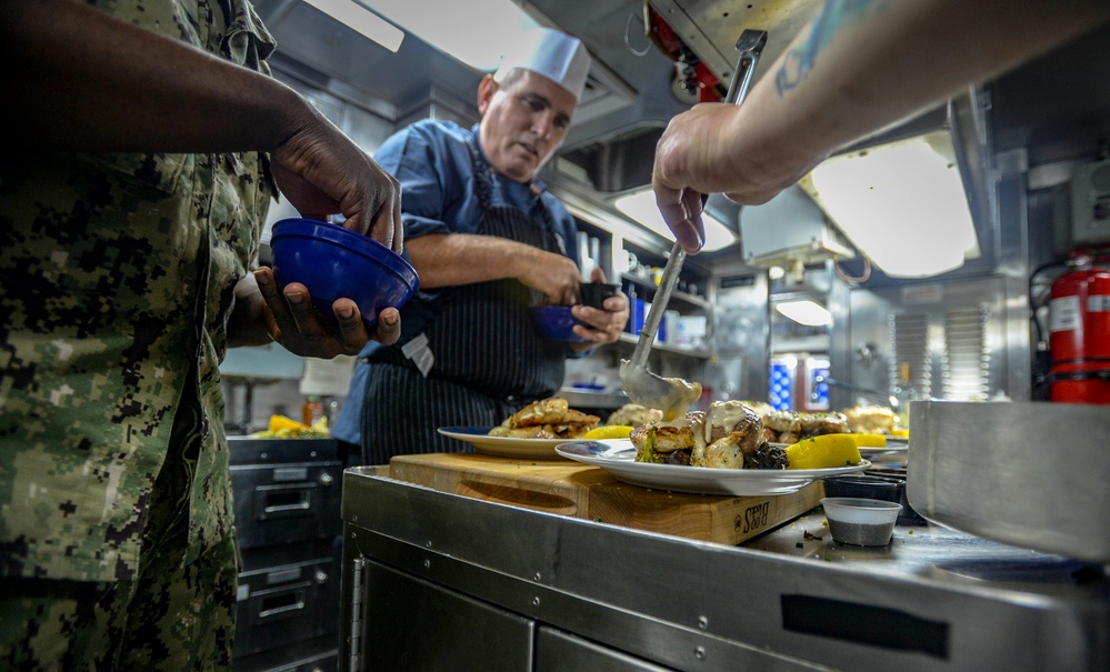 USS Albany (SSN 753) Sailors Cook during Celebrity Chef Luncheon at Fleet Week Port Everglades 2019