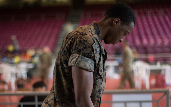 Petty Officer 2nd Class Ryan Pyne, a hospital corpsman with Marine Forces Reserve at Innovative Readiness Training 2019 Puerto Rico