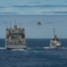 The French Marine Nationale anti-air destroyer FS Jean Bart (D 615) conducts a replenishment-at-sea with the dry cargo and ammunitions ship USNS Charles Drew (T-AKE 10)