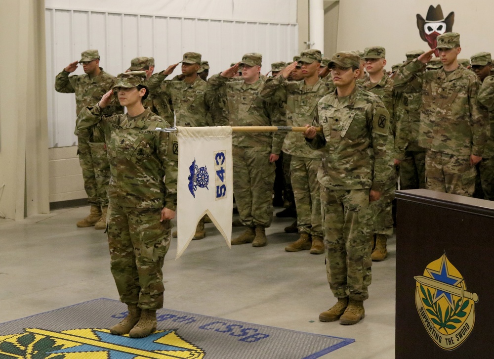 543rd cases their colors in preparation for their deployment in support of Operation Atlantic Resolve