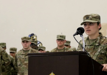 543rd Composite Supply Company cases their colors in preparation for a deployment in support of Operation Atlantic Resolve