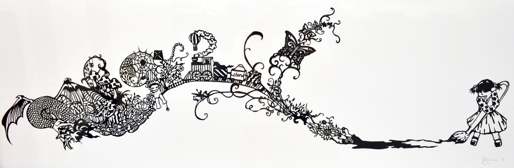 A black and white illustration depicting a young girl sweeping with a broom on the right side, generating a sweeping trail of imaginative, fantastical imagery flowing to the left. The trail contains a rich collection of whimsical elements including dragons, trains, butterflies, and architectural structures. The composition suggests a narrative of imagination or dreams being swept into existence.