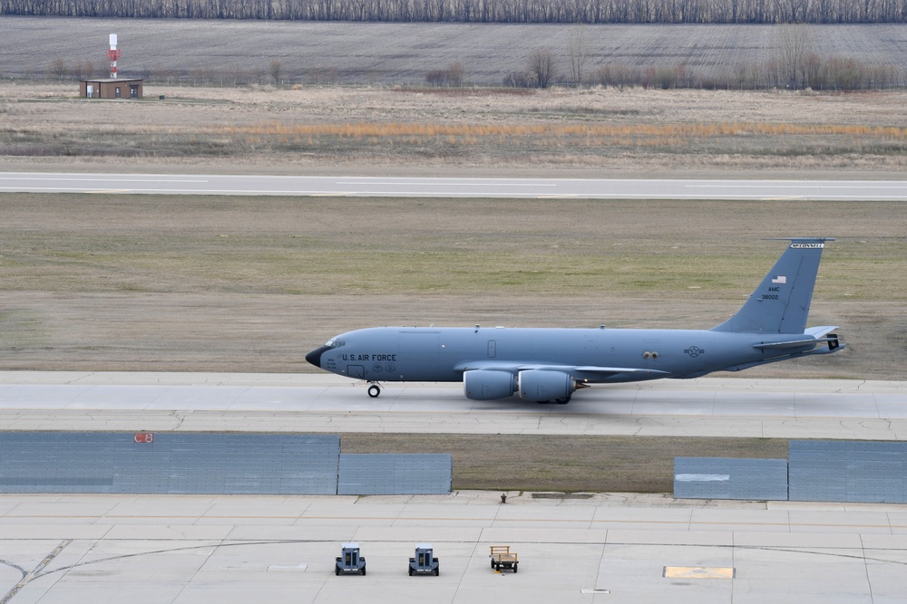 The KC-135 Stratotanker briefly returns to Grand Forks AFB