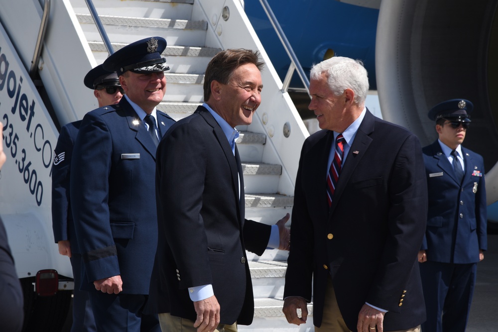 Vice President Pence is greeted by 119th Wing members upon his arrival to Fargo