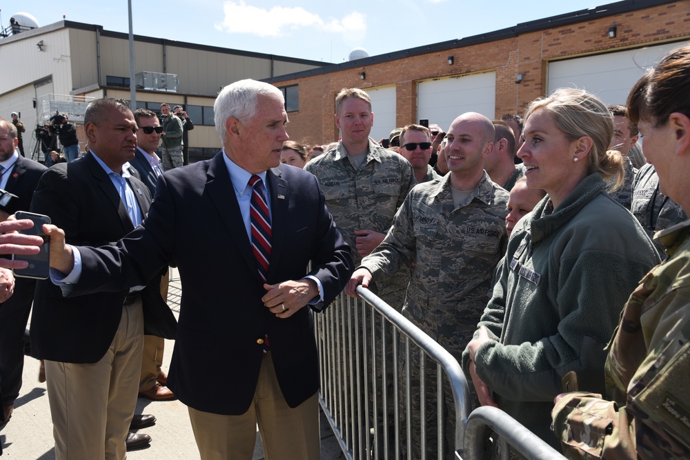 Vice President Pence is greeted by 119th Wing members upon his arrival to Fargo