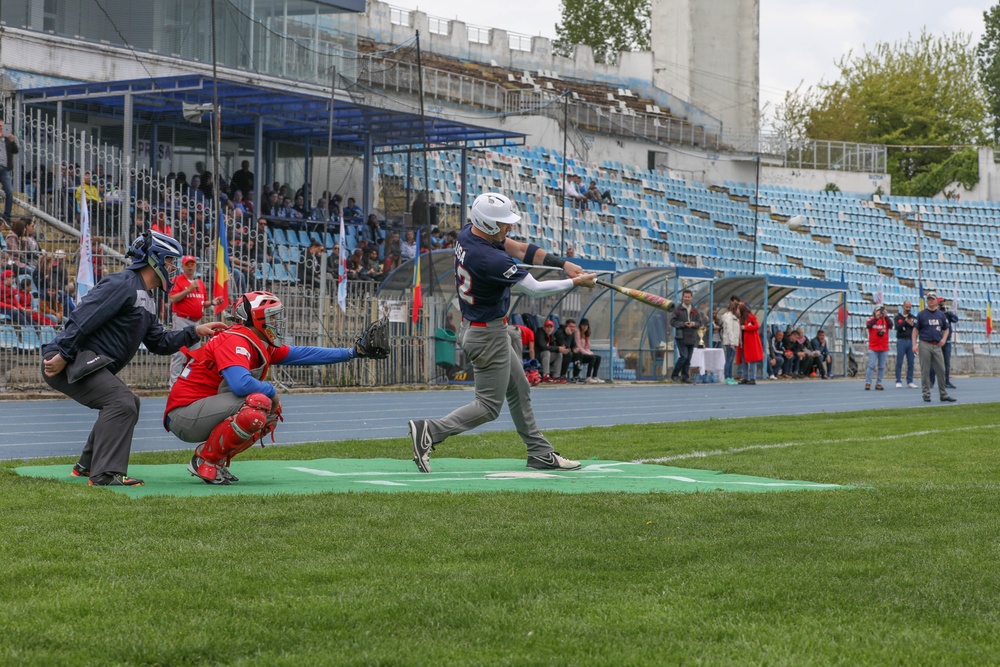 U.S. Army Soldiers face off against Romanian National Team in baseball game