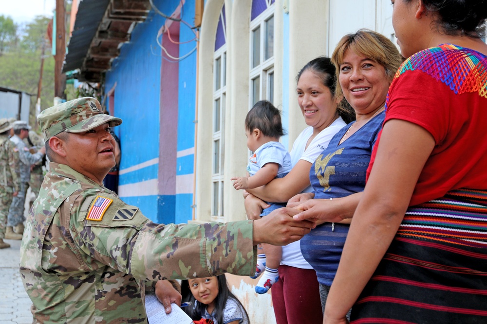 U.S. Army Soldiers interact with San Sebastian community residents in Huehuetenango, Guatemala, in support of exercise Beyond the Horizon 2019