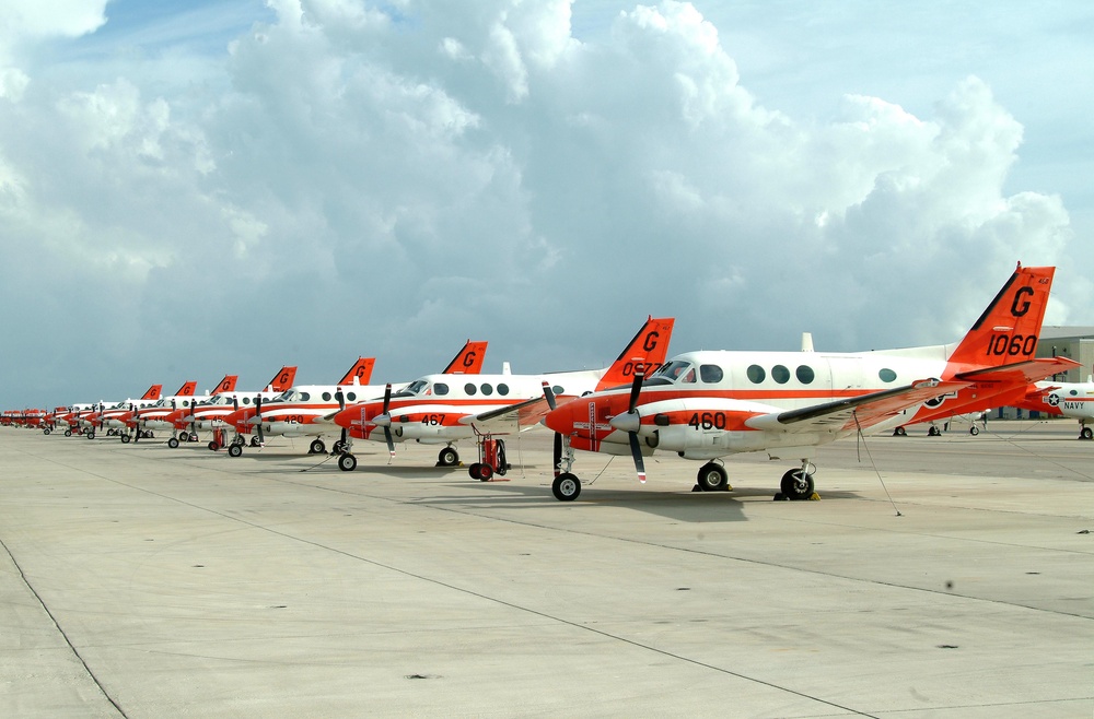 Fleet of T-44 Pegasus sit on the NAS Corpus Christi flightline