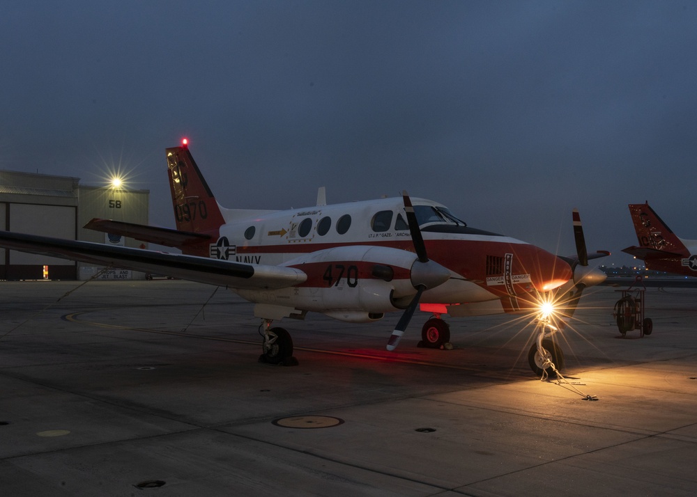 A T-44C Pegasus sits aboard the Naval Air Station Corpus Christi flightline