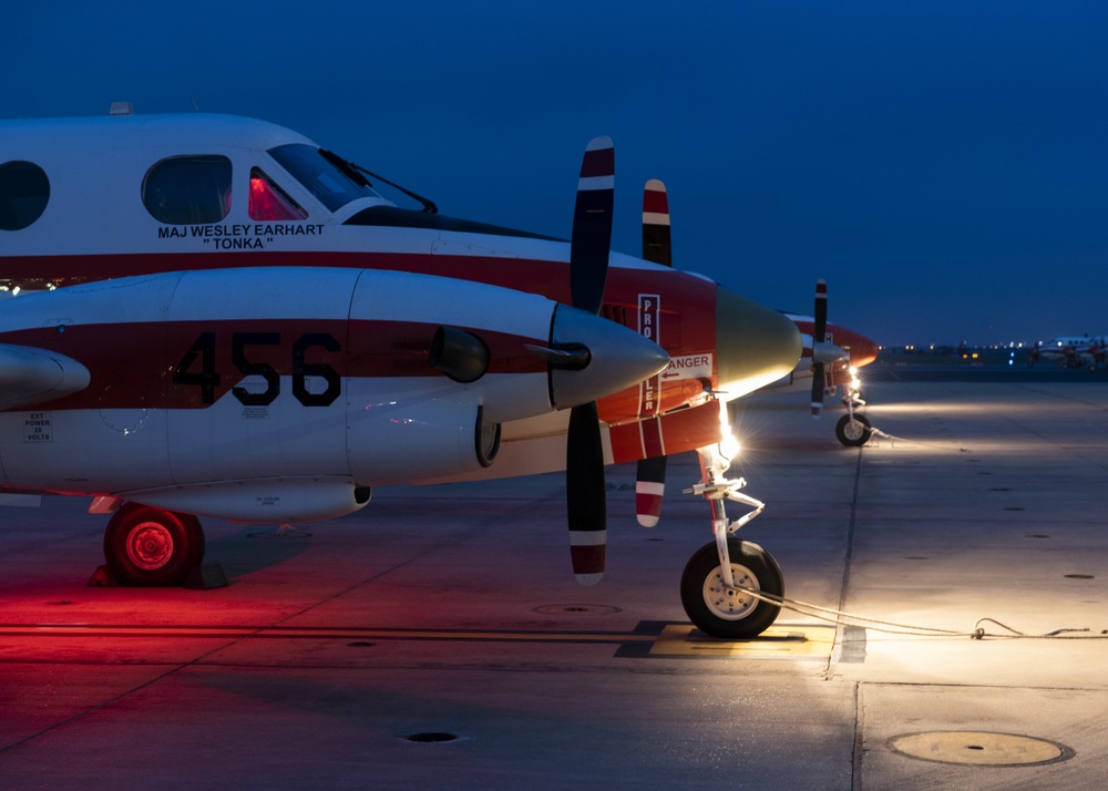 A T-44C Pegasus sits aboard the Naval Air Station Corpus Christi flightline