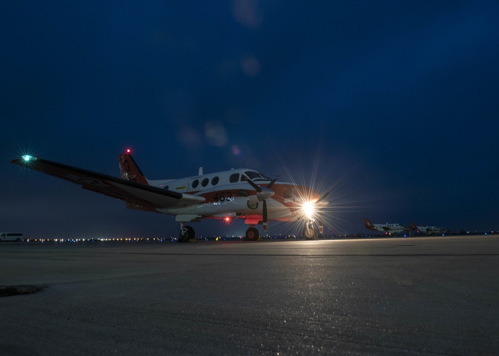 A T-44C Pegasus sits aboard the Naval Air Station Corpus Christi flightline