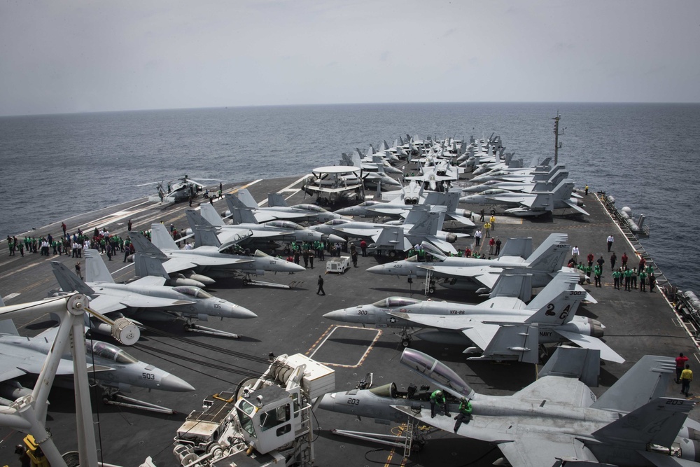 The flight deck aboard the Nimitz-class aircraft carrier USS Abraham Lincoln (CVN 72).