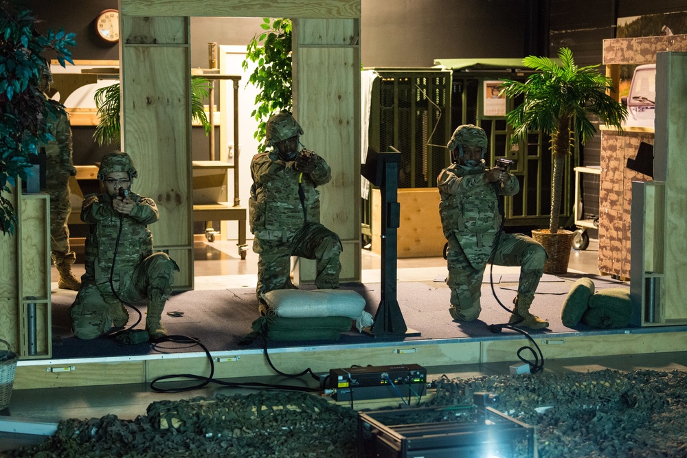 Dental Clinic Soldiers Practice Firing at the Engagement Skills Trainer