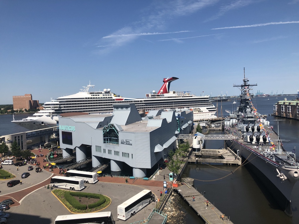 Carnival Sunrise docked next to Hampton Roads Naval Museum
