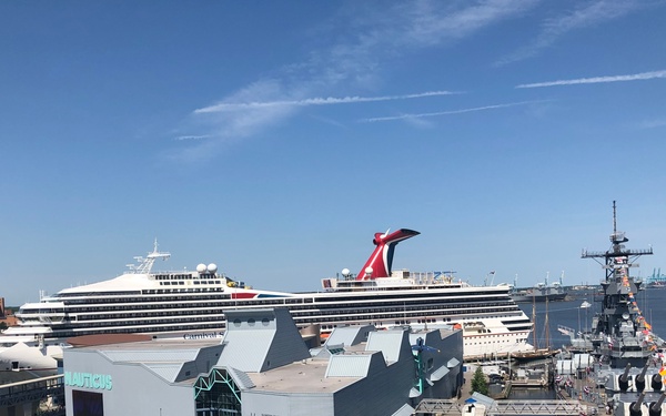 Carnival Sunrise docked next to Hampton Roads Naval Museum
