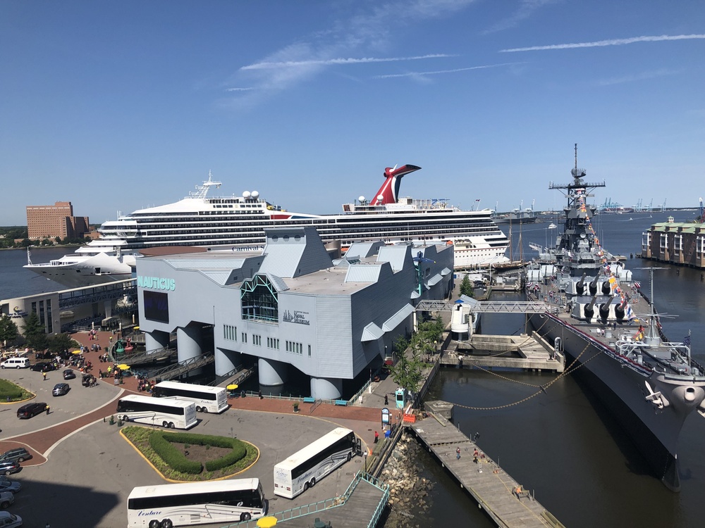 Carnival Sunrise docked next to Hampton Roads Naval Museum