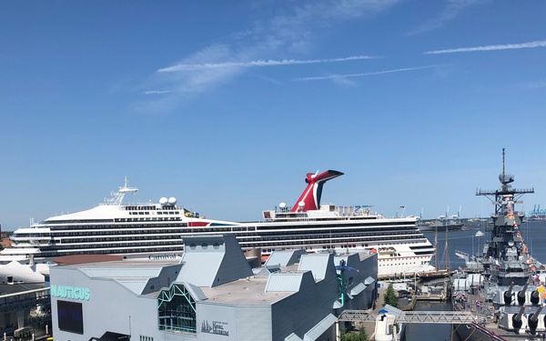 Carnival Sunrise docked next to Hampton Roads Naval Museum
