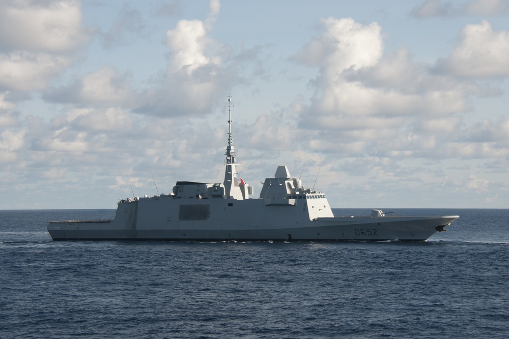 French Navy ships sail in formation with ships from the Royal Australian Navy (RAN), Japan Maritime Self-Defense Force (JMSDF), and U.S. Navy during exercise La Perouse