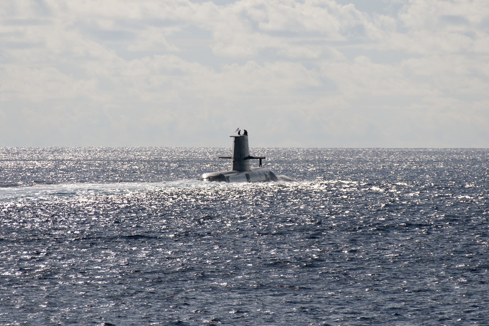 French Navy ships sail in formation with ships from the Royal Australian Navy (RAN), Japan Maritime Self-Defense Force (JMSDF), and U.S. Navy during exercise La Perouse