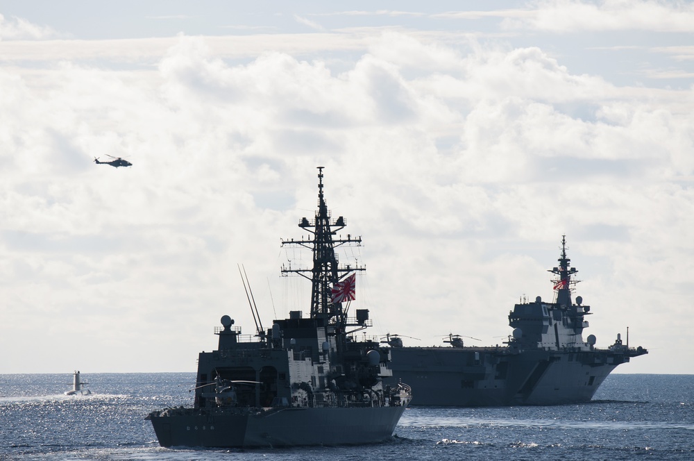 French Navy ships sail in formation with ships from the Royal Australian Navy (RAN), Japan Maritime Self-Defense Force (JMSDF), and U.S. Navy during exercise La Perouse