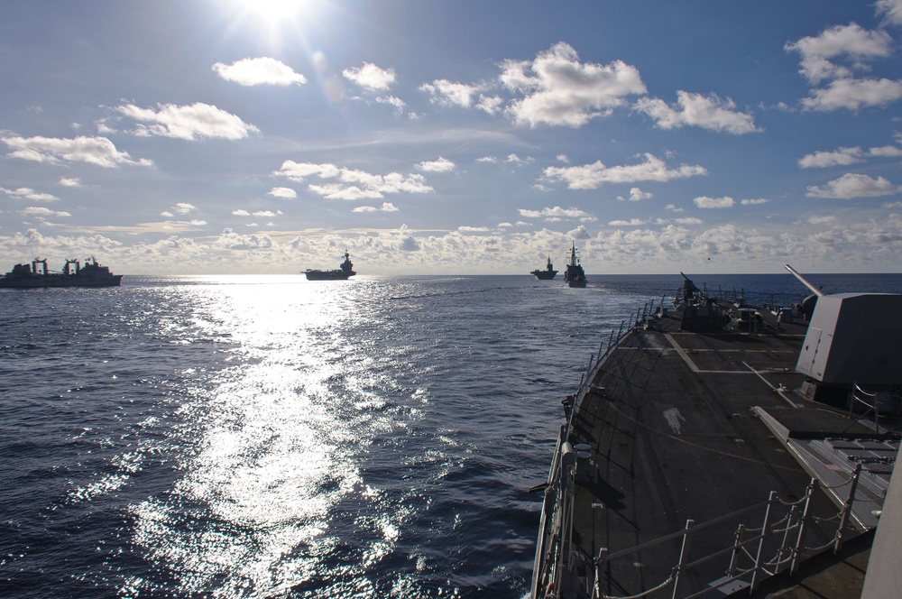 French Navy ships sail in formation with ships from the Royal Australian Navy (RAN), Japan Maritime Self-Defense Force (JMSDF), and U.S. Navy during exercise La Perouse