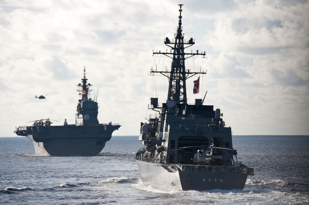 French Navy ships sail in formation with ships from the Royal Australian Navy (RAN), Japan Maritime Self-Defense Force (JMSDF), and U.S. Navy during exercise La Perouse