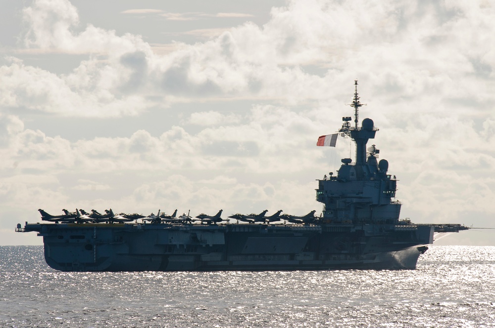 French Navy ships sail in formation with ships from the Royal Australian Navy (RAN), Japan Maritime Self-Defense Force (JMSDF), and U.S. Navy during exercise La Perouse