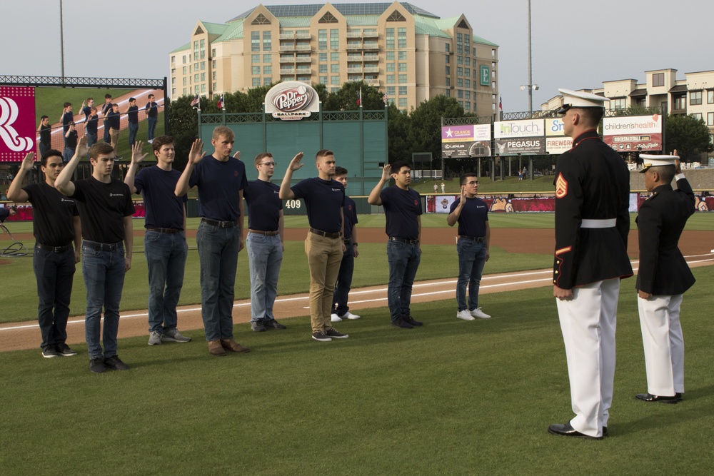RSS Frisco future Marines take the oath of enlistment at Rough Riders game