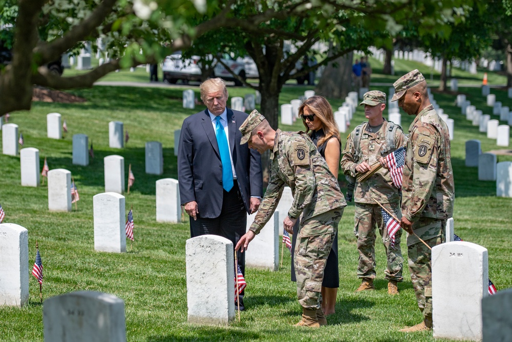 President Donald Trump and First Lady Melania Trump Visit Arlington National Cemetery During Flags-In