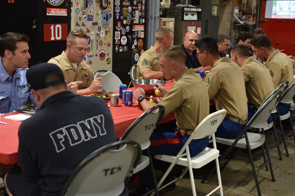U.S. Marines Share A Meal With New York Firefighters