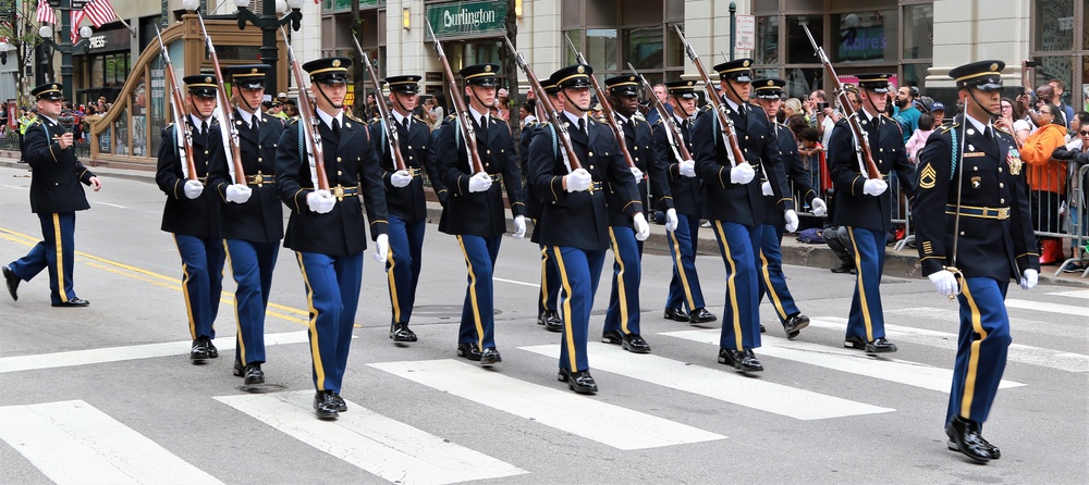 The United States Army Drill Team marches as part of Chicago Memorial Day Parade