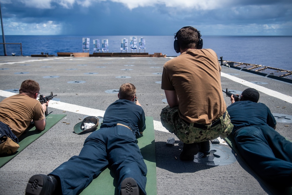 USS Harpers Ferry Conducts Gun Shoot