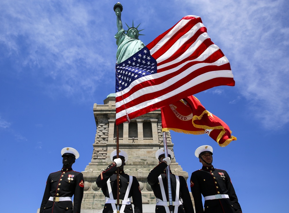 Marines perform at the Statue of Liberty