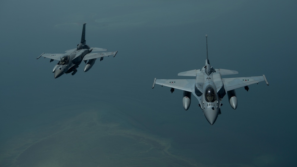 UAE F-16 Desert Falcons and Mirage 2000s fly in formation with U.S. F-35As