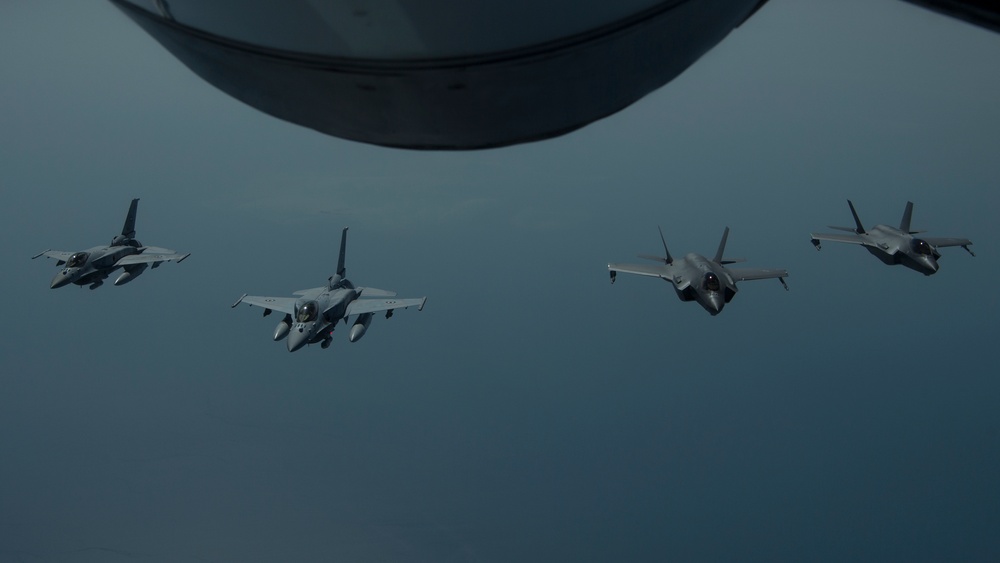 UAE F-16 Desert Falcons and Mirage 2000s fly in formation with U.S. F-35As