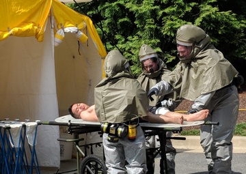 A 'dirty patient' exits the decontamination tent
