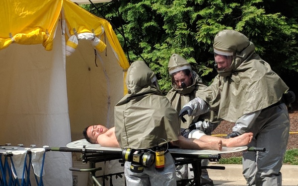 A 'dirty patient' exits the decontamination tent