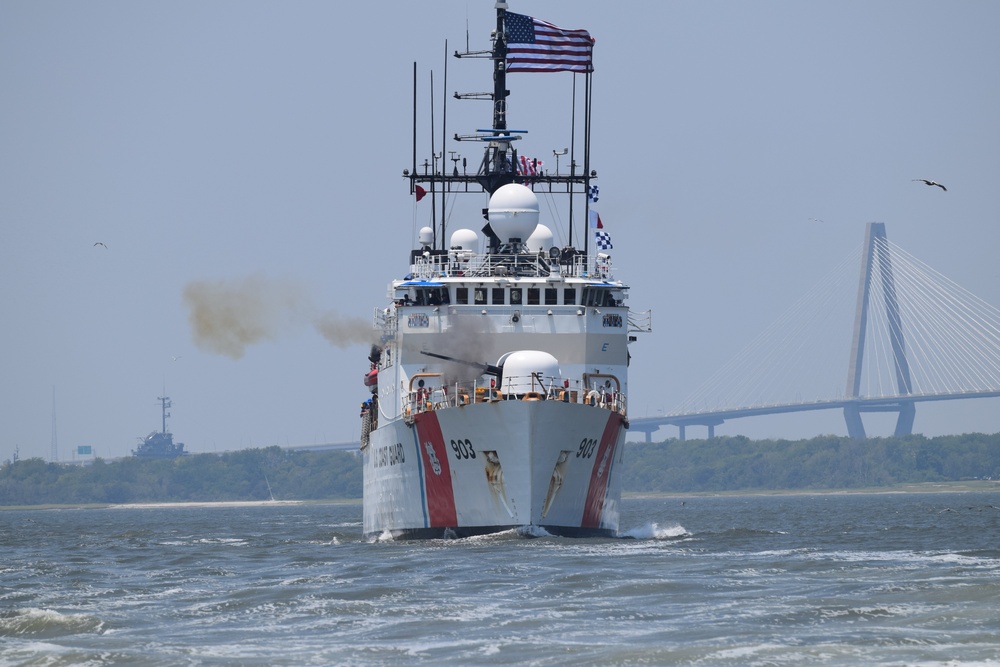 Coast Guard Cutter Harriet Lane fires commemorative shot near Fort Sumter 
