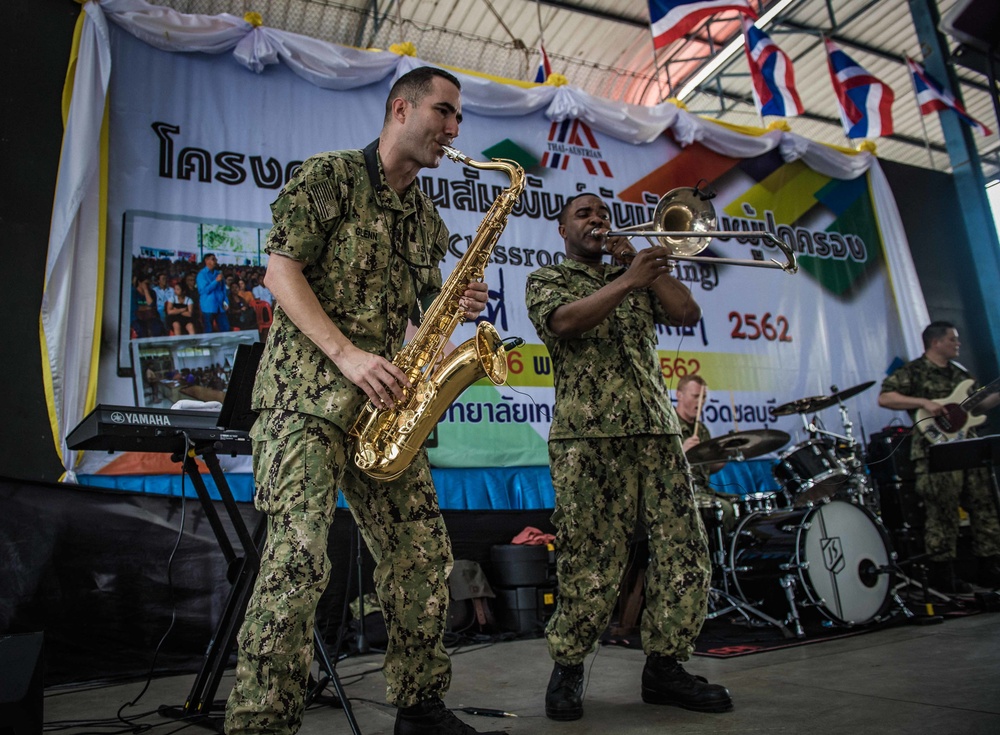 U.S. 7th Fleet Band perform for students during COMREL in Pattaya, Thailand