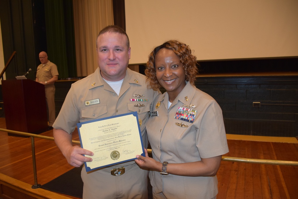 NCTAMS LANT CMDCM Hayden Recieves EIDWS Pin from Fleet Master Chief Allen